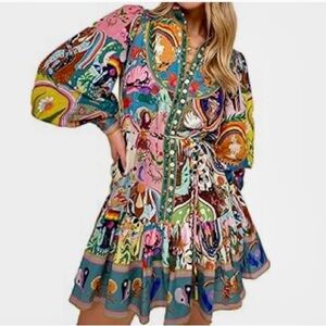 Blue and Pink Ruffled Sundress with Mandarin Collar